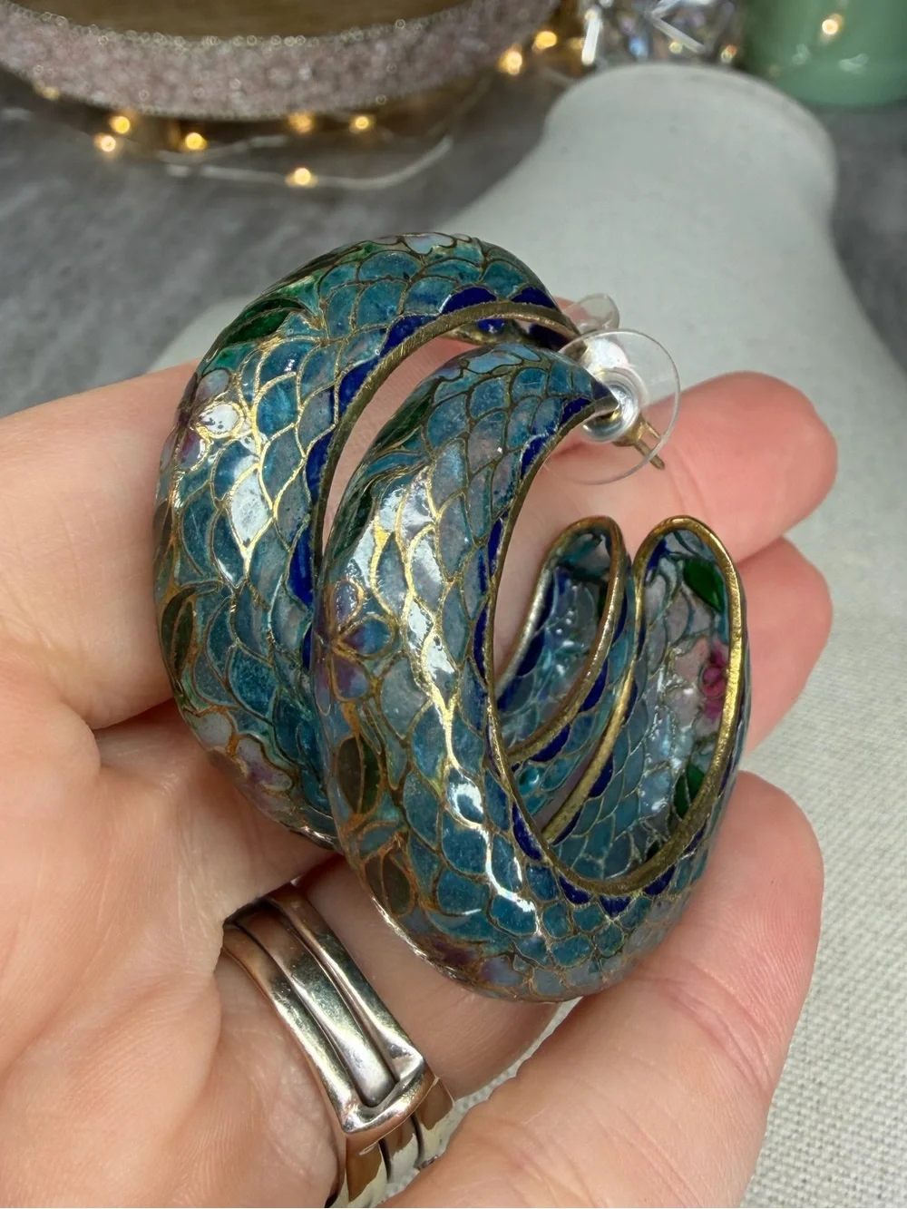 Plique A Jour Cloisonné Hoop Earrings Stained Glass Jewelry Glass Vintage Rare